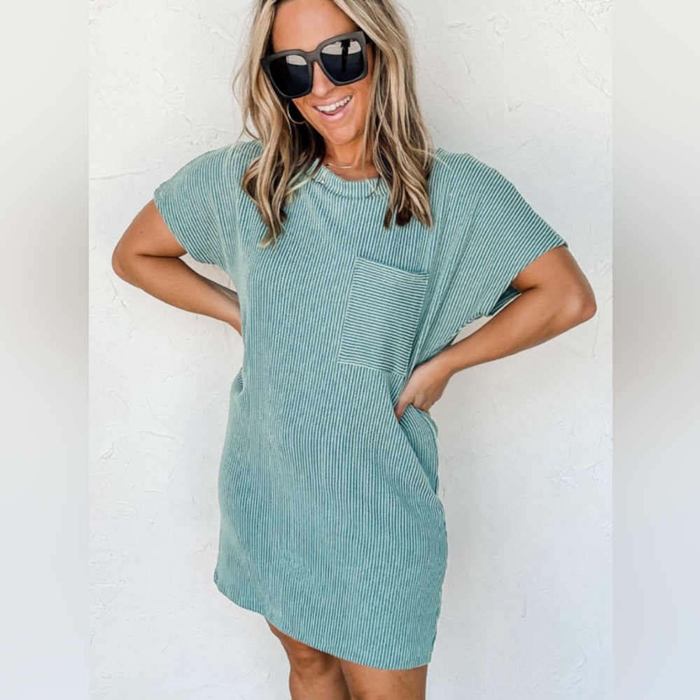 Blue Ribbed Knit Summer Short Sleeved T-Shirt Dress, Relaxed Fit, M-L-XL - Picture 5 of 10